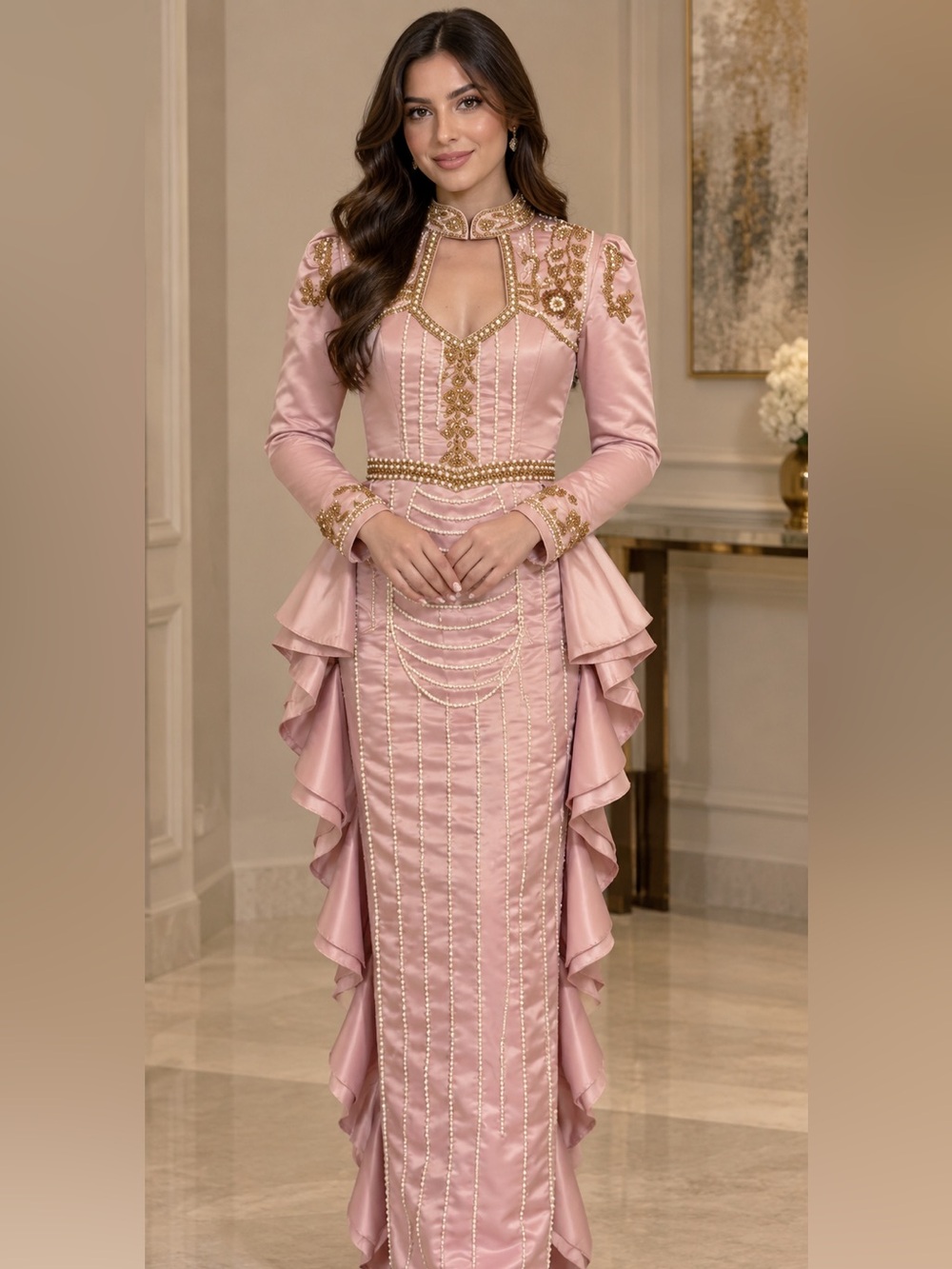 Embellished Pink Satin Evening Gown
